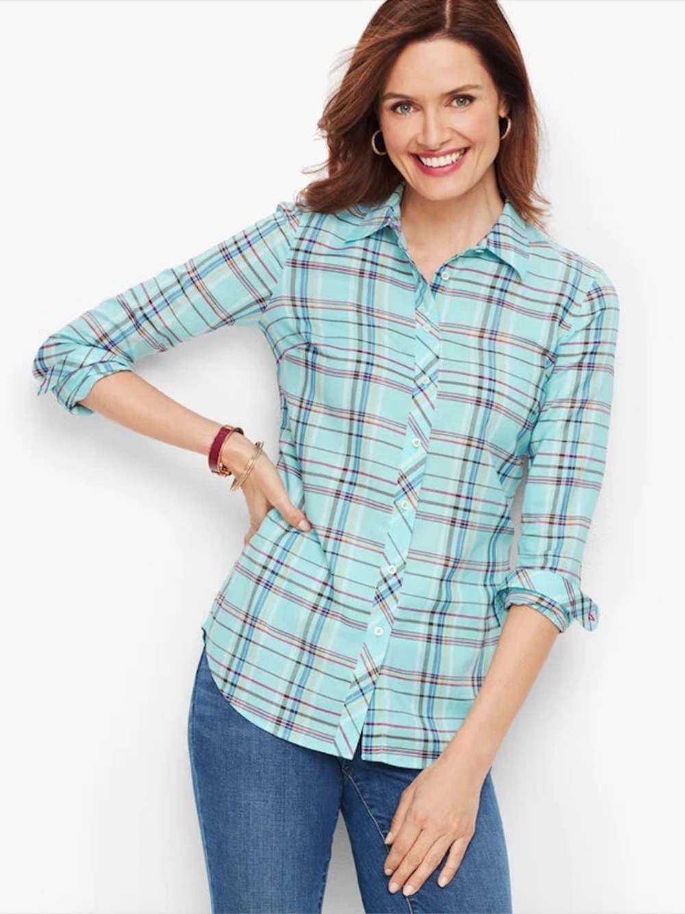 Talbots Aqua Blue Cotton Plaid Button Down Shirt 1XP